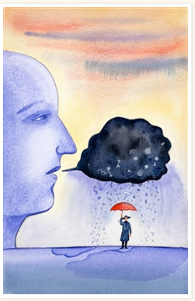 Artistic rendering of person standing under umbrella under a rain cloud